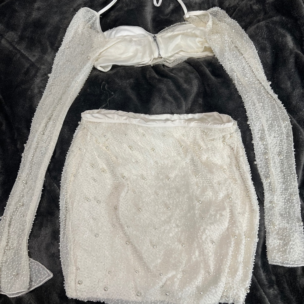 Oh Polly Cream Pearl-Embellished Long Sleeve Crop Top & Mini Skirt Set - Picture 4 of 8
